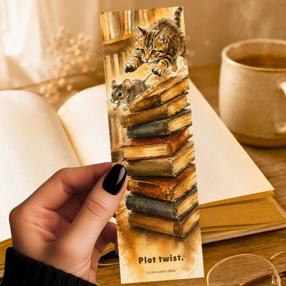 Cat and Mouse Bookmark | Plot Twist | Pun Watercolor | Animal Lover, Artsy