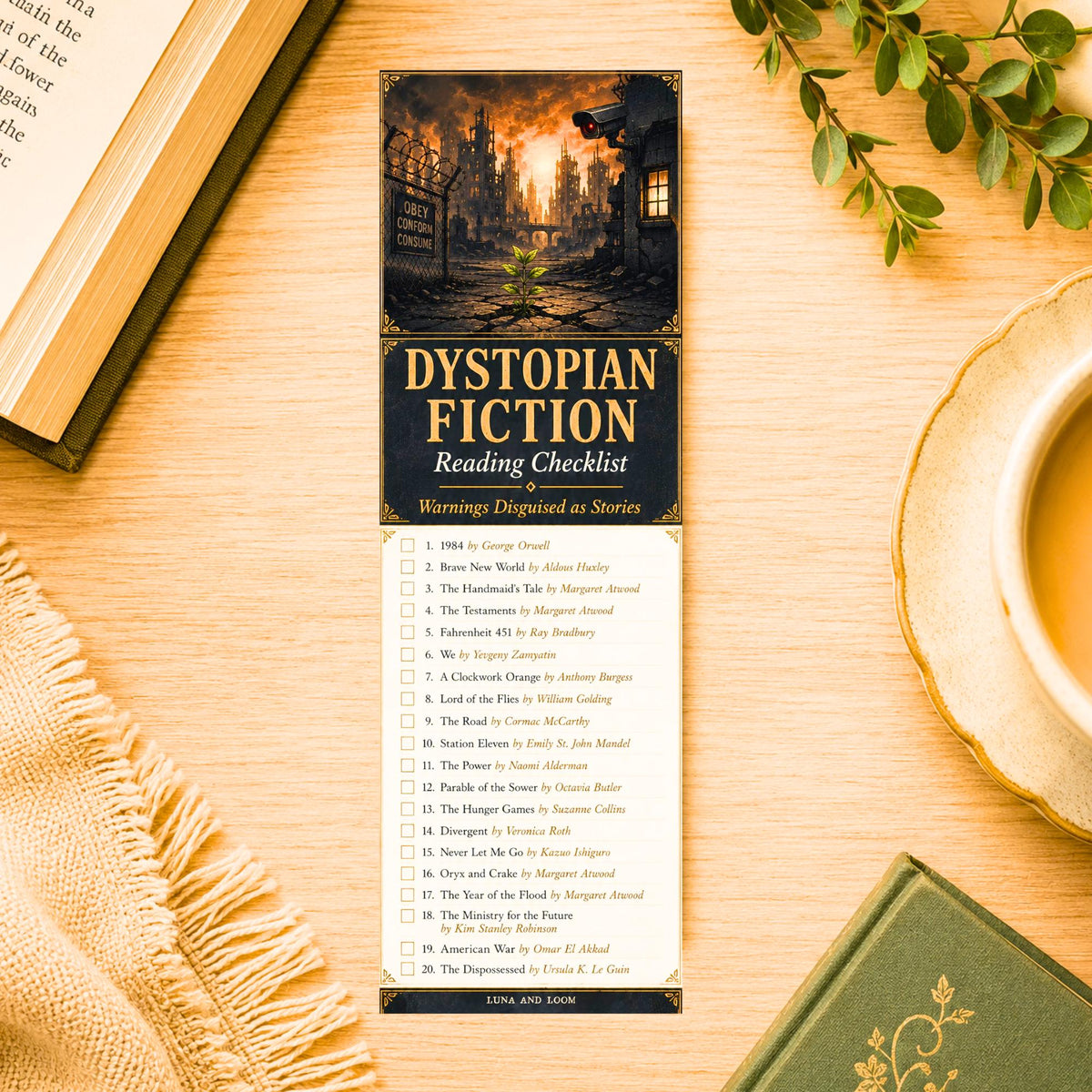 Dystopian Fiction Reading Checklist Bookmark | Sci Fi Book List | Dark Academia Reader Gift | Literary | Book Lover | Booktok