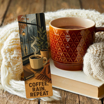 Coffee Rain Repeat Bookmark | Seattle Quote Gift | Rainy Window Page Marker | Pacific NW Book Lover Gift