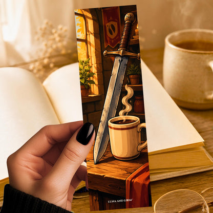 Sword Coffee Cup Bookmark | Cozy Fantasy Reader Gift | Retired Warrior Page Marker | Fantasy Cafe Book Gift