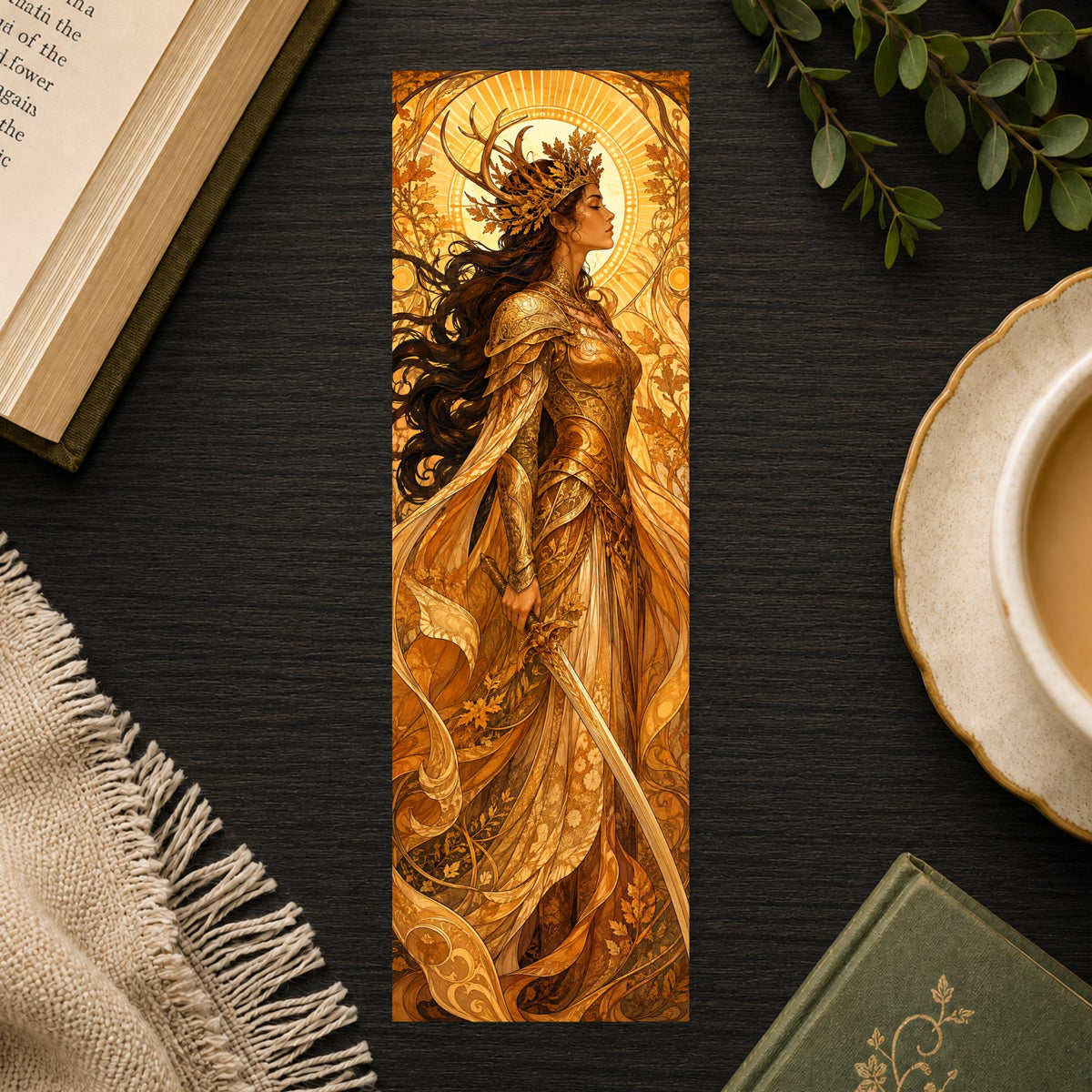 Warrior Sun Halo Bookmark | Fantasy Art Nouveau Gift | Radiant Warrior Page Marker | Fantasy Book Gift