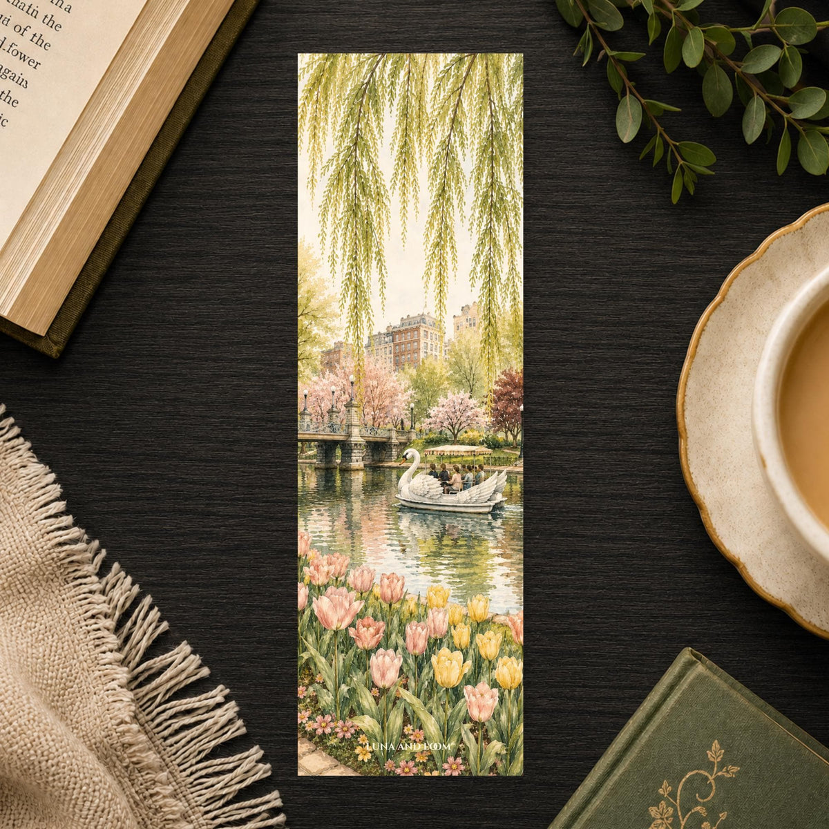 Boston Public Garden Bookmark | Swan Boat in Spring | Watercolor New England | Tulips | Book Lover Gift
