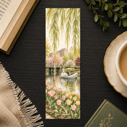 Boston Public Garden Bookmark | Swan Boat in Spring | Watercolor New England | Tulips | Book Lover Gift