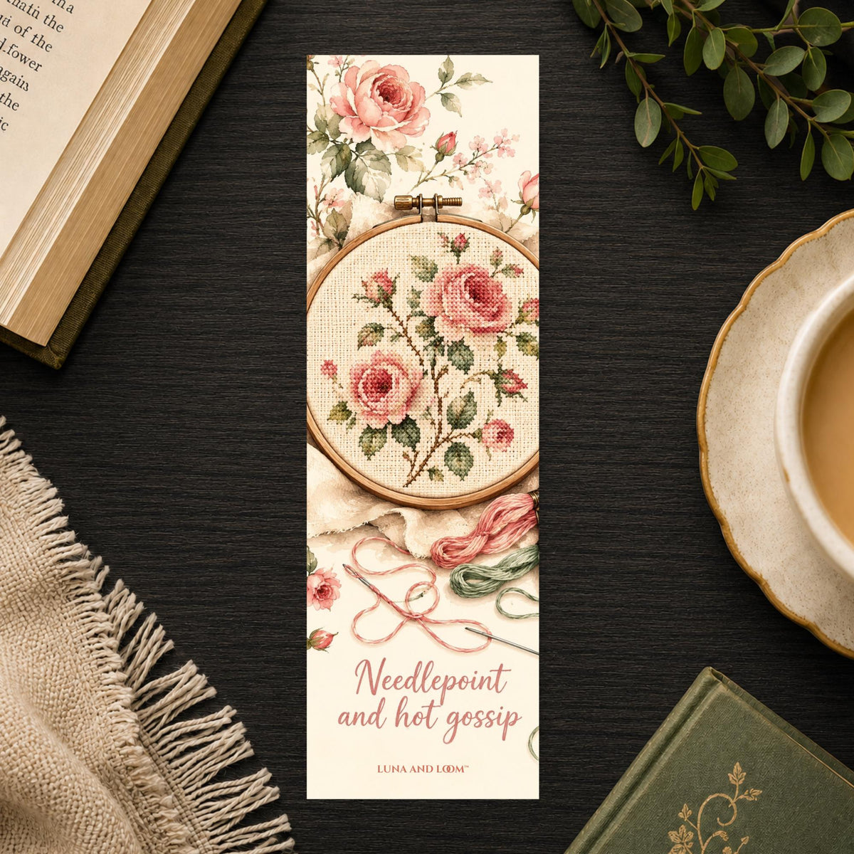 Needlepoint and Hot Gossip Bookmark | Funny Cross Stitch | Grandmillennial Gift | Embroidery Humor | Granny Chic