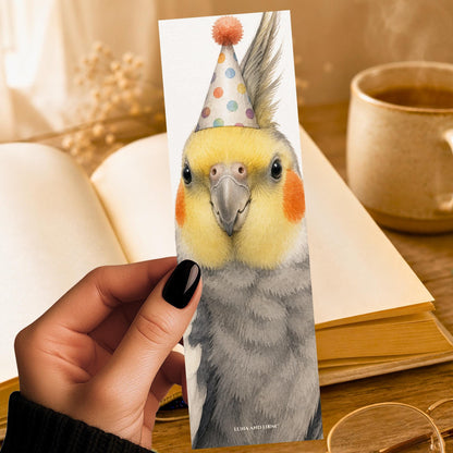 Cockatiel Bird in a Party Hat Bookmark | Realistic Bird Portrait | Watercolor Pet Picture