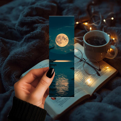 Full Moon Photography Bookmark | Reflection | Rising Moon Over Water | Reading | Books
