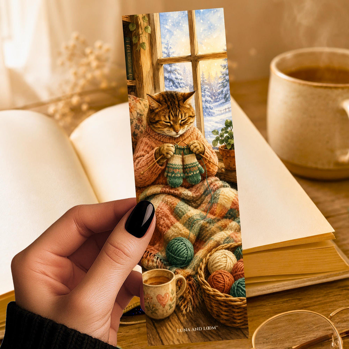 Cozy Cat Knitting Bookmark | Winter Window Watercolor Gift | Yarn Basket Page Marker | Cat Lover Book Gift