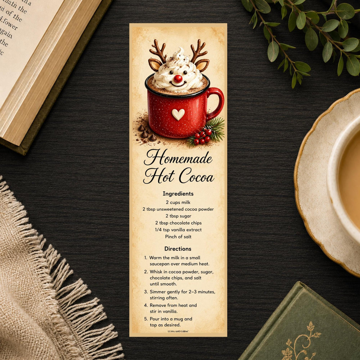 Homemade Hot Cocoa Recipe Bookmark | Christmas Cocoa Card | Cozy Holiday Page Marker