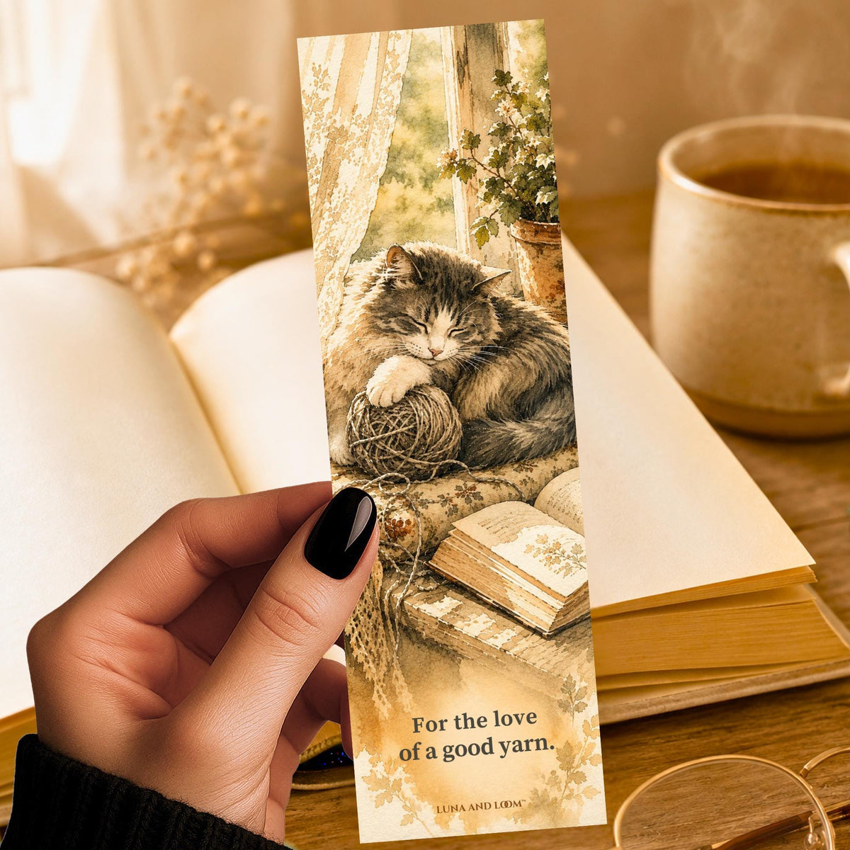 Cat and Yarn Bookmark | Watercolor Book Lover Gift | Cute Ink Illustration
