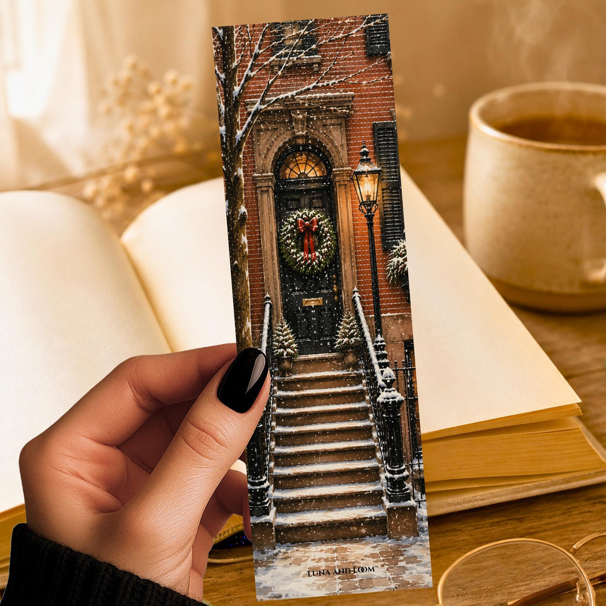 Snowy Beacon Hill Bookmark | Boston Winter Gift | Brownstone Wreath Page Marker | Christmas New England Book Lover Gift