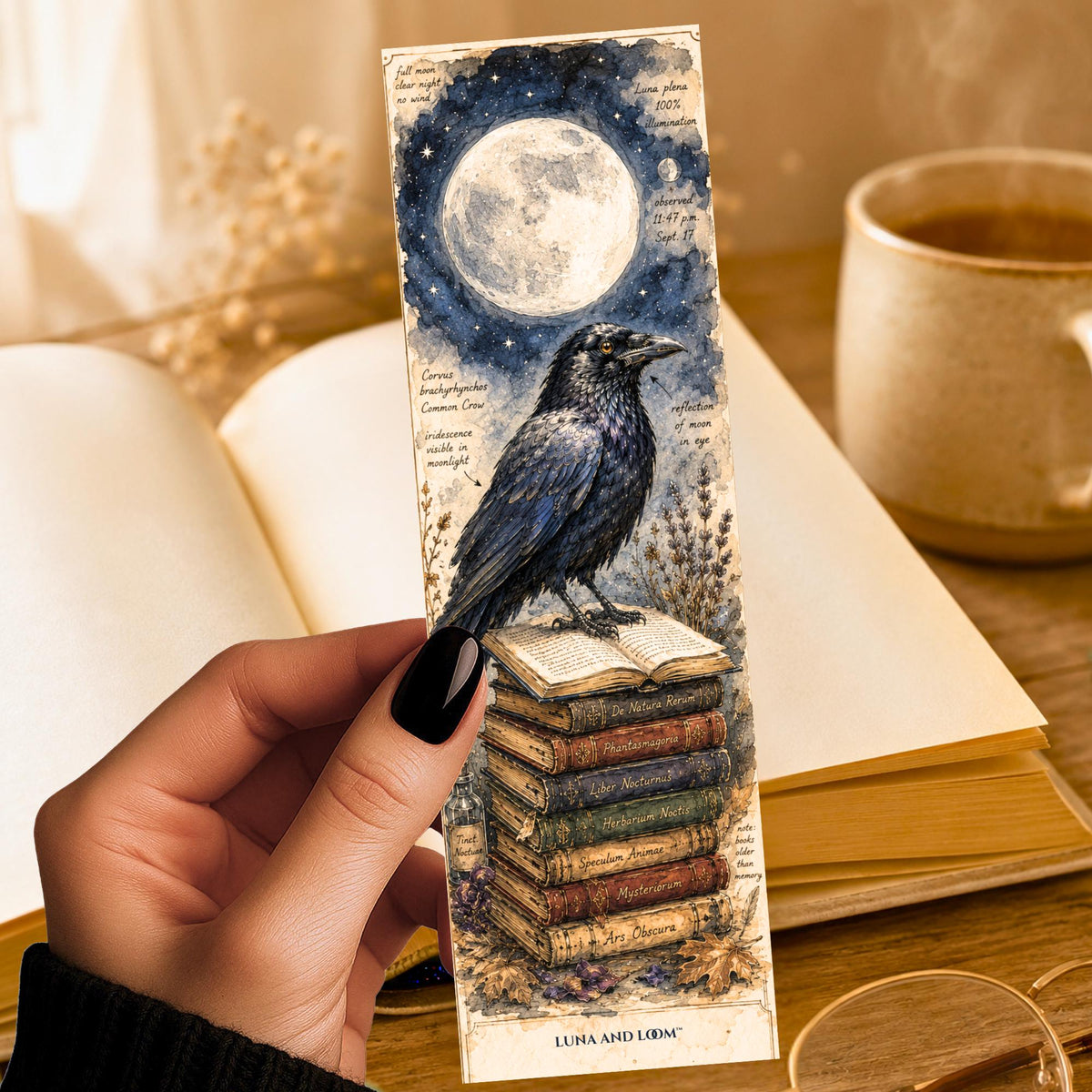 Witchy Crow Bookmark | Gothic Moonlit Raven Art, Dark Academia Reader Gift