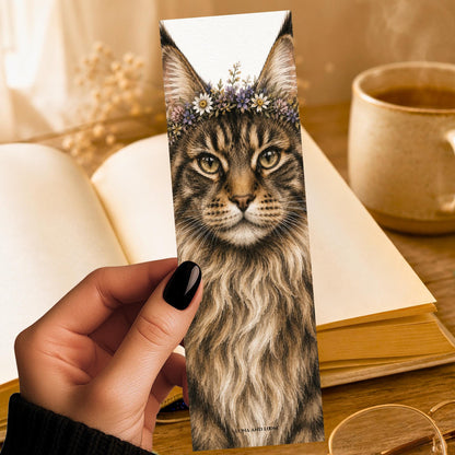 Maine Coon Cat in Flower Crown Bookmark | Realistic Animal Portrait | Watercolor Pet Picture
