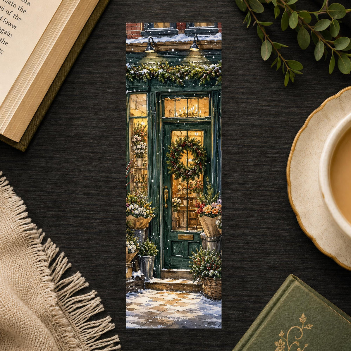 Christmas Flower Shop Bookmark | Holiday Storefront Gift | Wreath Door Page Marker | Christmas Book Gift