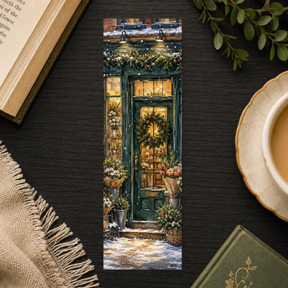Christmas Flower Shop Bookmark | Holiday Storefront Gift | Wreath Door Page Marker | Christmas Book Gift