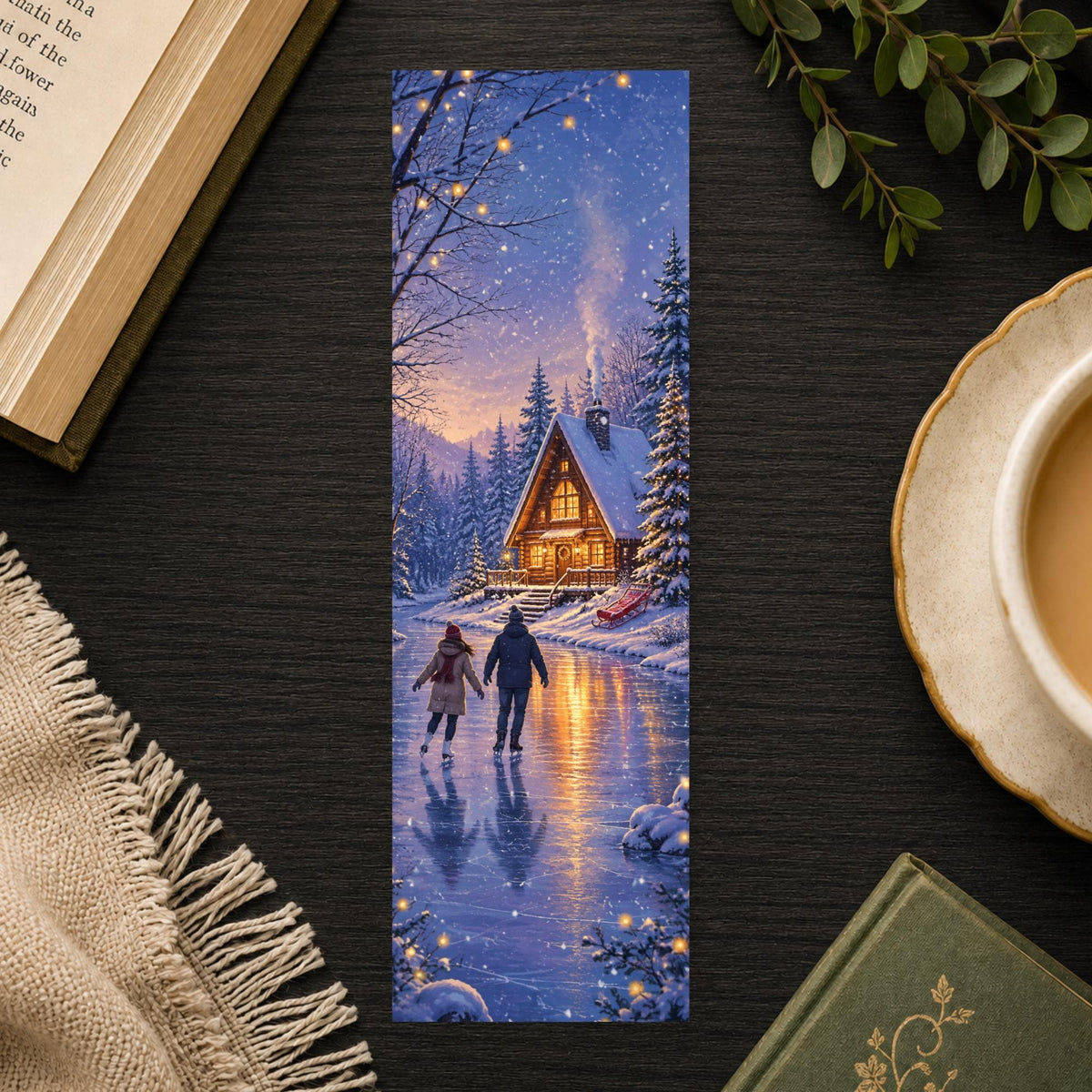Ice Skating Cabin Bookmark | Cozy Winter Gift | Snowy Scene Page Marker | Christmas Reader Gift