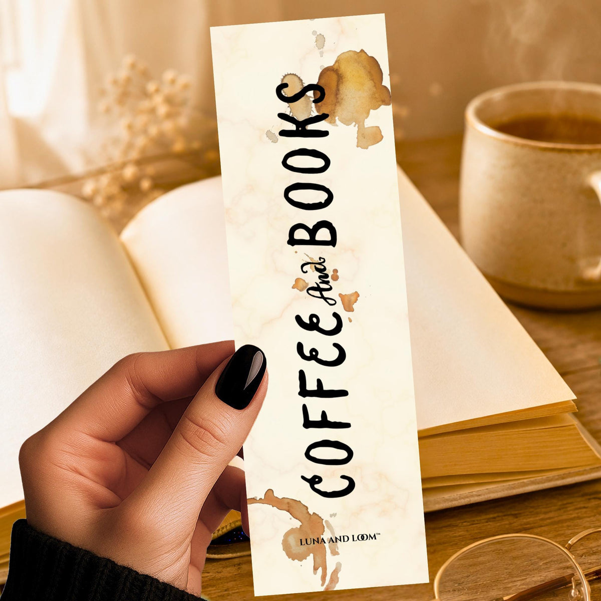 Coffee and Books Bookmark | Coffee Stain Wordmark Gift | Bold Lettering Page Marker | Book Lover Gift