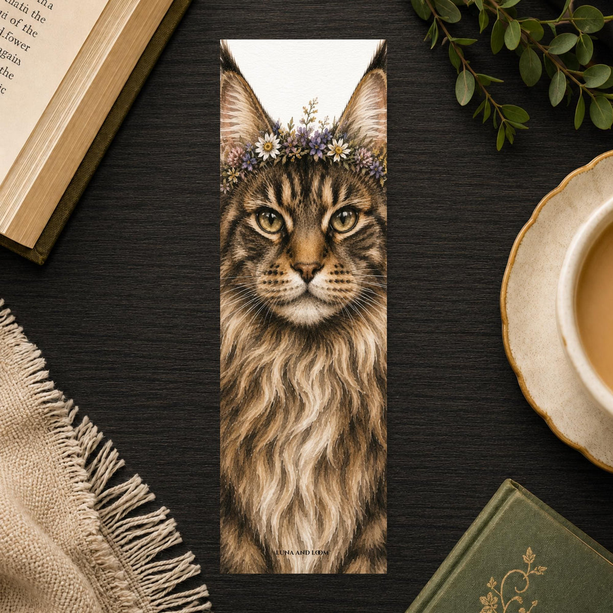 Maine Coon Cat in Flower Crown Bookmark | Realistic Animal Portrait | Watercolor Pet Picture