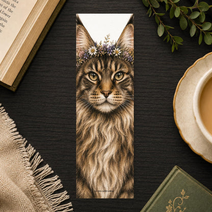 Maine Coon Cat in Flower Crown Bookmark | Realistic Animal Portrait | Watercolor Pet Picture