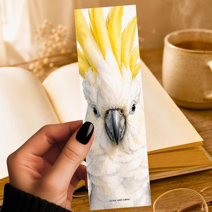 Cockatoo Bookmark | White and Yellow Feathers | Realistic Bird Portrait | Watercolor Pet Picture
