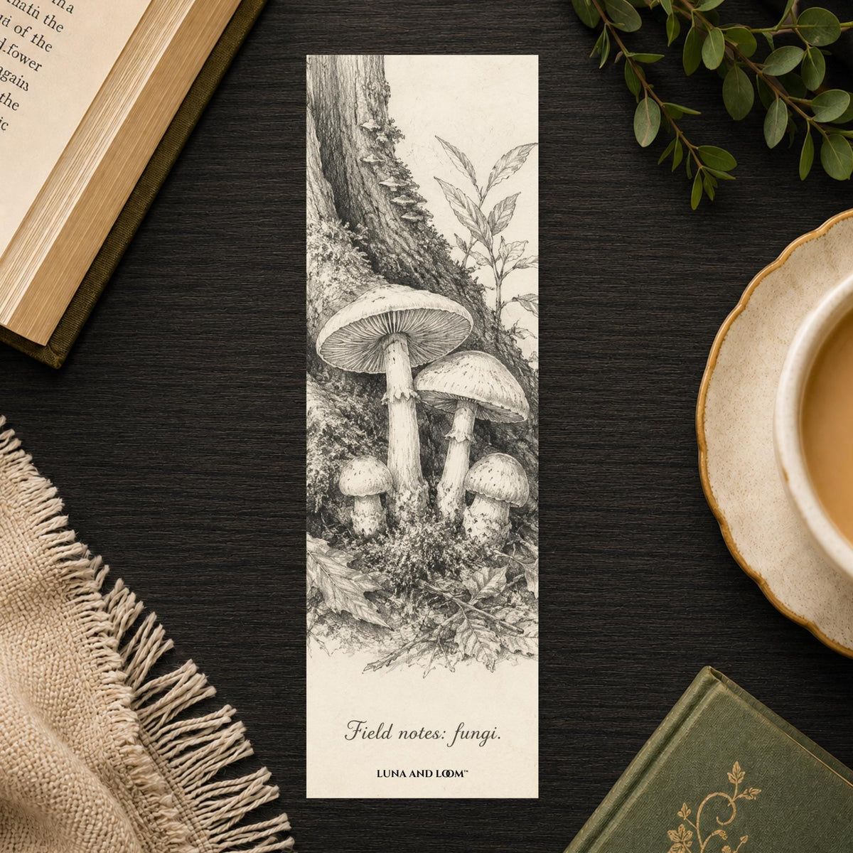 Fungi Bookmark | Pencil Sketch Mushroom | Naturalist Illustration | Nature Lover Gift