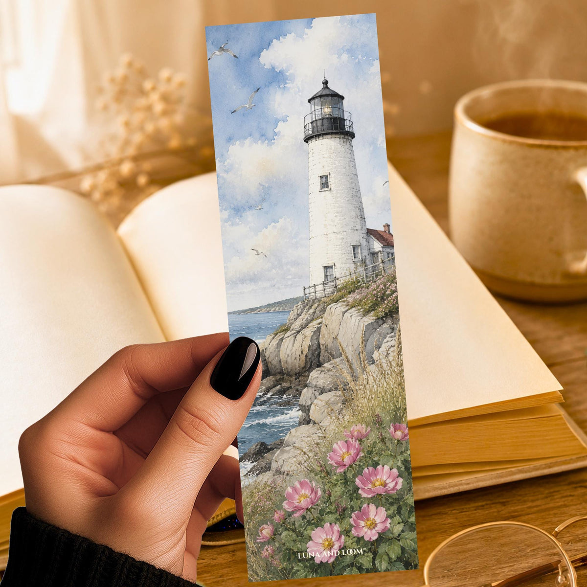 New England Lighthouse Bookmark | Coastal Summer Gift | Beach Rose Page Marker | Nautical Book Lover Gift