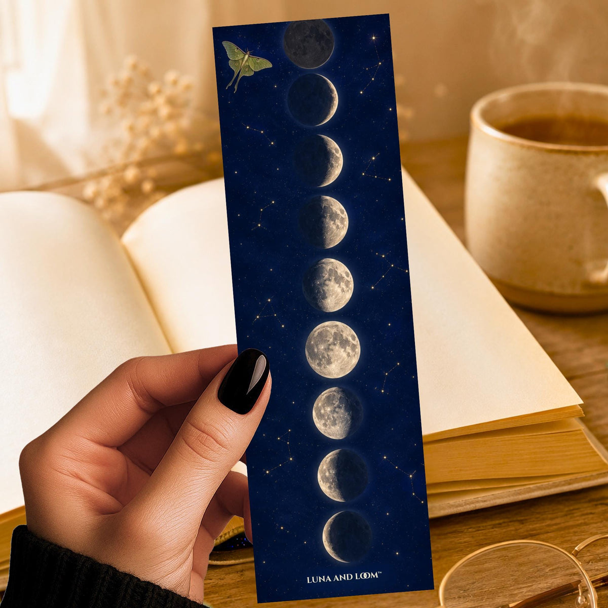 Moon Phases Bookmark | Moth | Full | Crescent | Waning | Waxing | Half | Celestial | Night Sky