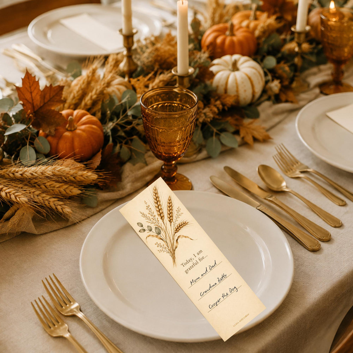 Gratitude Placecard Bookmark and Keepsake | Thanksgiving Place Setting Card | Hosting Gift | Thankful For | Wheat Sprig