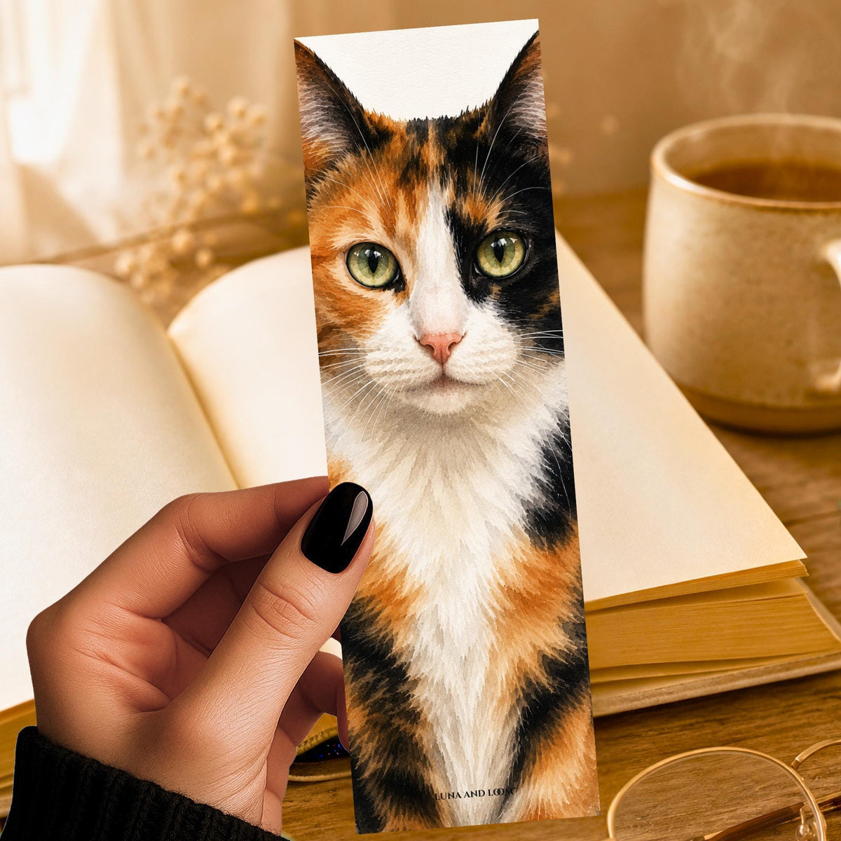 Calico Cat Bookmark | Realistic Feline Portrait | Watercolor