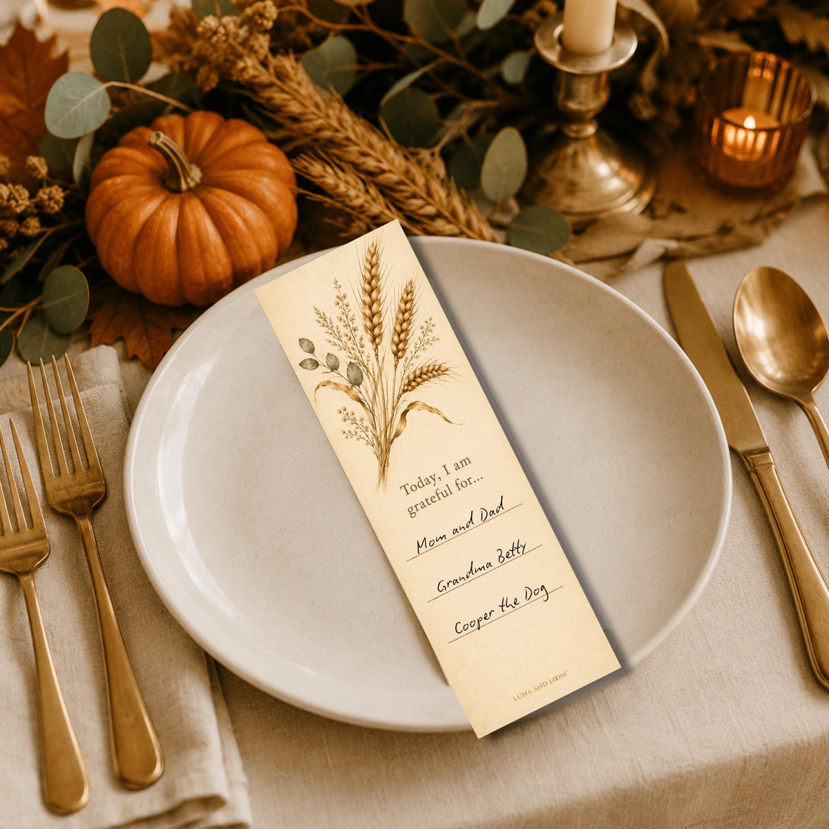 Gratitude Placecard Bookmark and Keepsake | Thanksgiving Place Setting Card | Hosting Gift | Thankful For | Wheat Sprig
