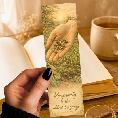 Reciprocity Quote Bookmark | Nature Writing Gift | Seeds in Palm Page Marker | Gratitude Book Lover Gift