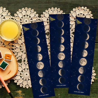 Moon Phases Bookmark | Moth | Full | Crescent | Waning | Waxing | Half | Celestial | Night Sky