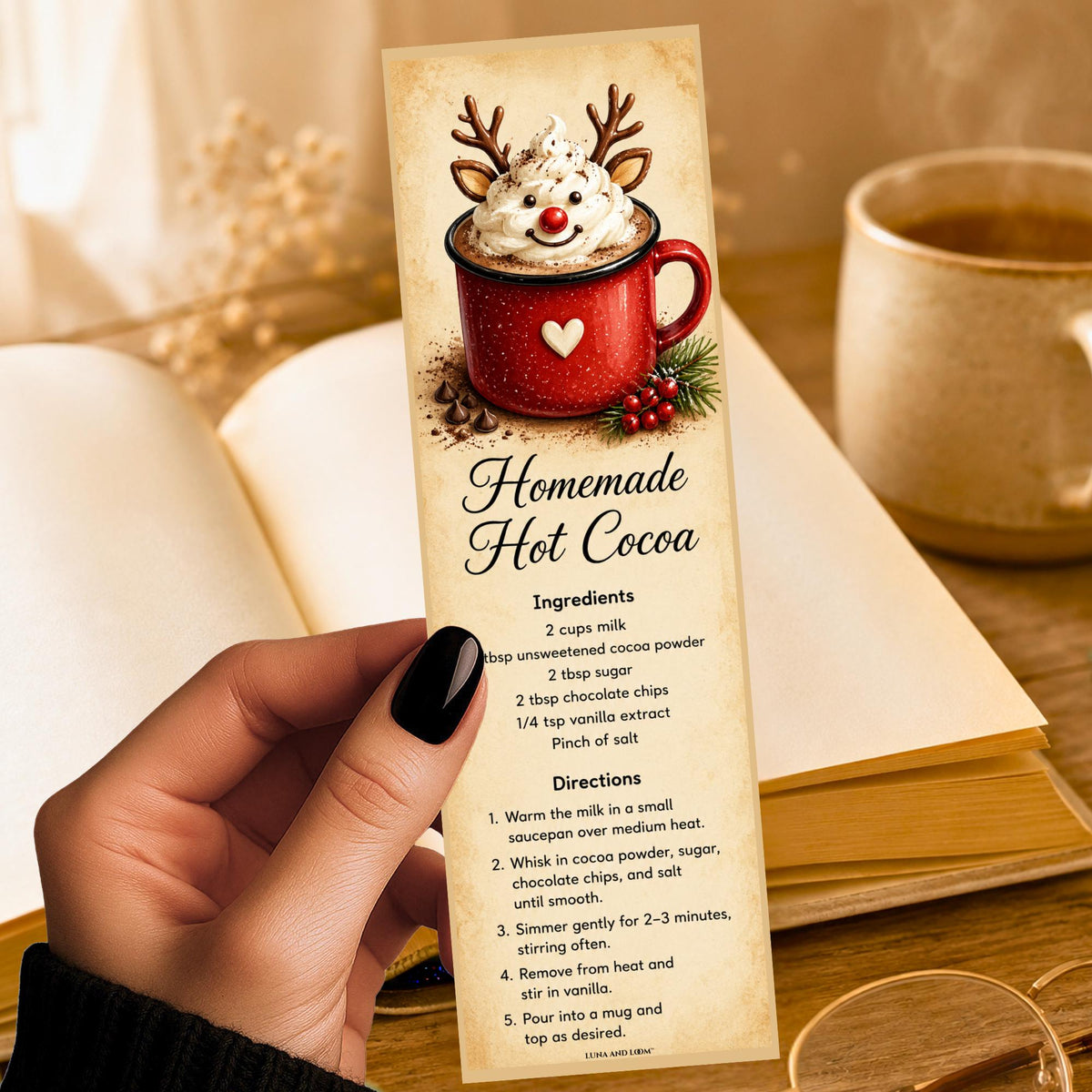 Homemade Hot Cocoa Recipe Bookmark | Christmas Cocoa Card | Cozy Holiday Page Marker