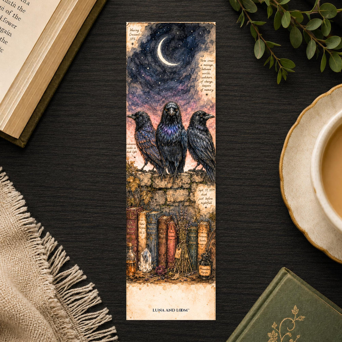 Three Crows Bookmark | Crescent Moon | Witchy Vibes Bookish Gift