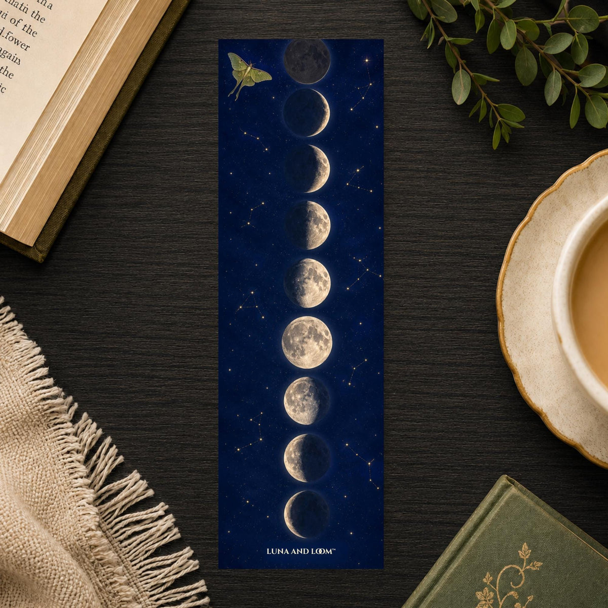 Moon Phases Bookmark | Moth | Full | Crescent | Waning | Waxing | Half | Celestial | Night Sky