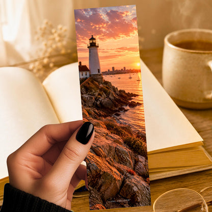 Boston Harbor Lighthouse Bookmark | New England Coastal Gift | Sunset Harbor Page Marker | Massachusetts Reader Gift