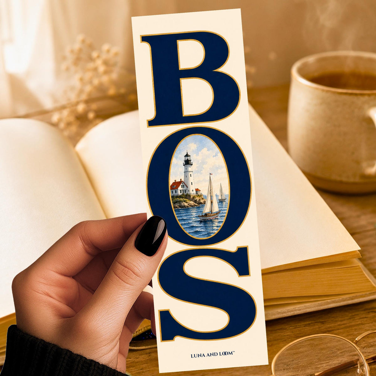 Boston Bookmark | BOS Letter Art Gift | Harbor Lighthouse Page Marker | New England Book Lover Gift