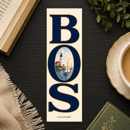 Boston Bookmark | BOS Letter Art Gift | Harbor Lighthouse Page Marker | New England Book Lover Gift