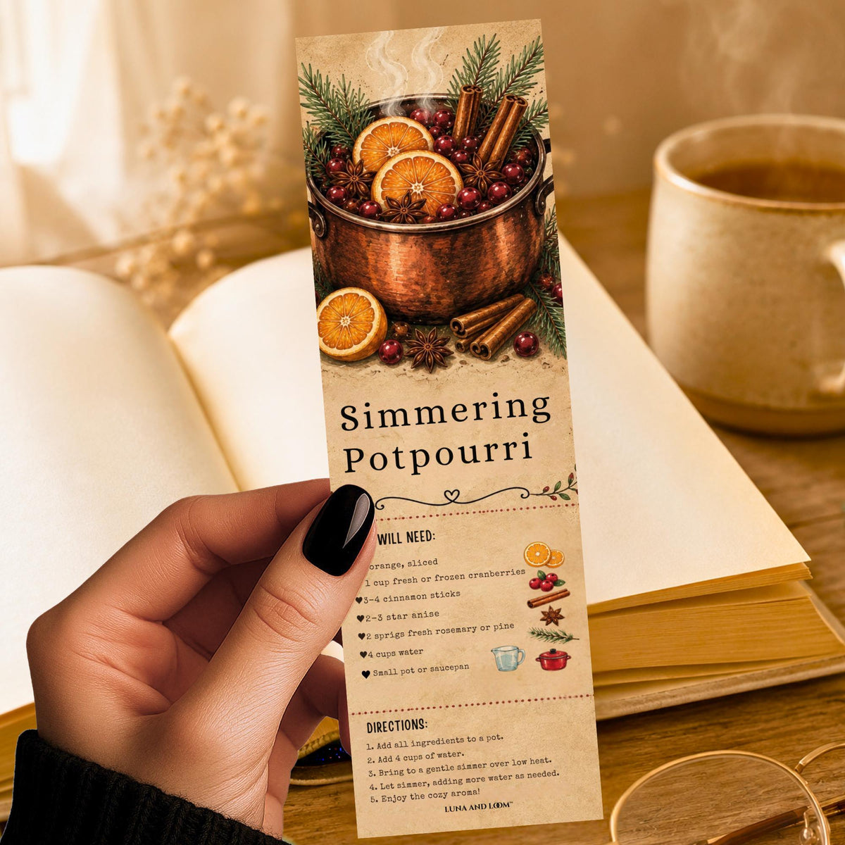 Simmering Potpourri Bookmark | Christmas Recipe Gift | Stovetop Spice Page Marker | Holiday Hostess Gift