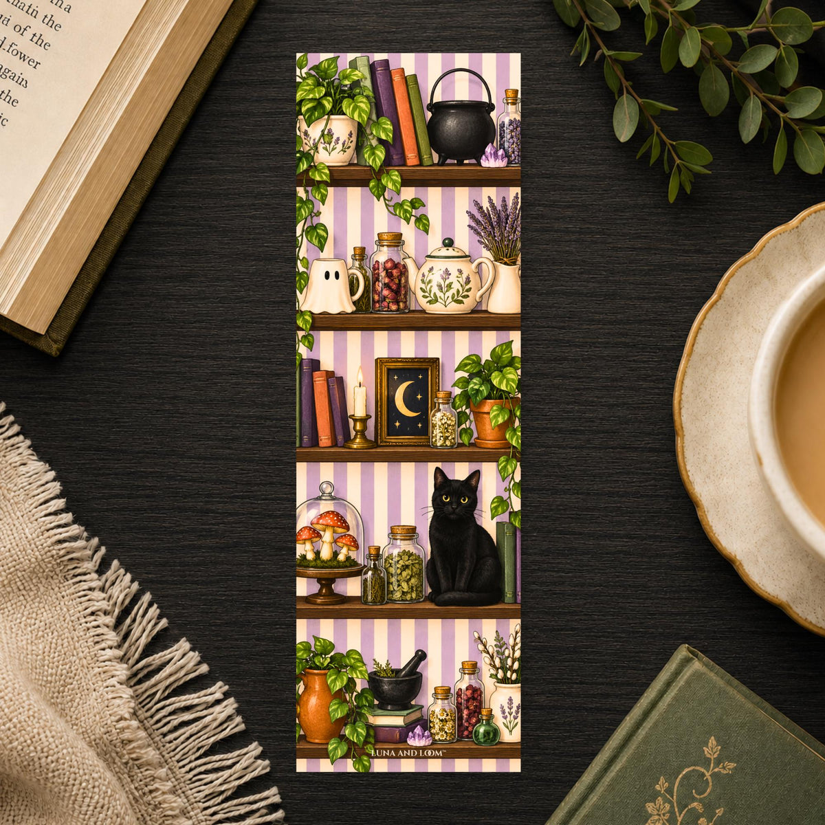 Witch's Bookshelf Bookmark | Halloween Kitchen Witch Shelf | Black Cat Ghost Mug Apothecary Jars | Witchy Reader Gift