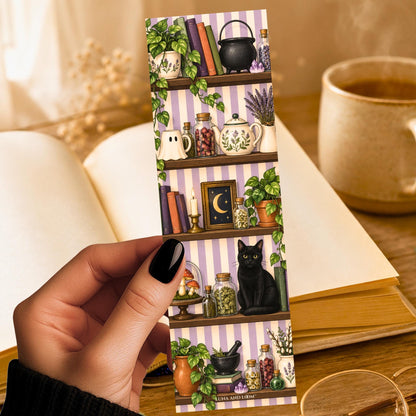 Witch's Bookshelf Bookmark | Halloween Kitchen Witch Shelf | Black Cat Ghost Mug Apothecary Jars | Witchy Reader Gift