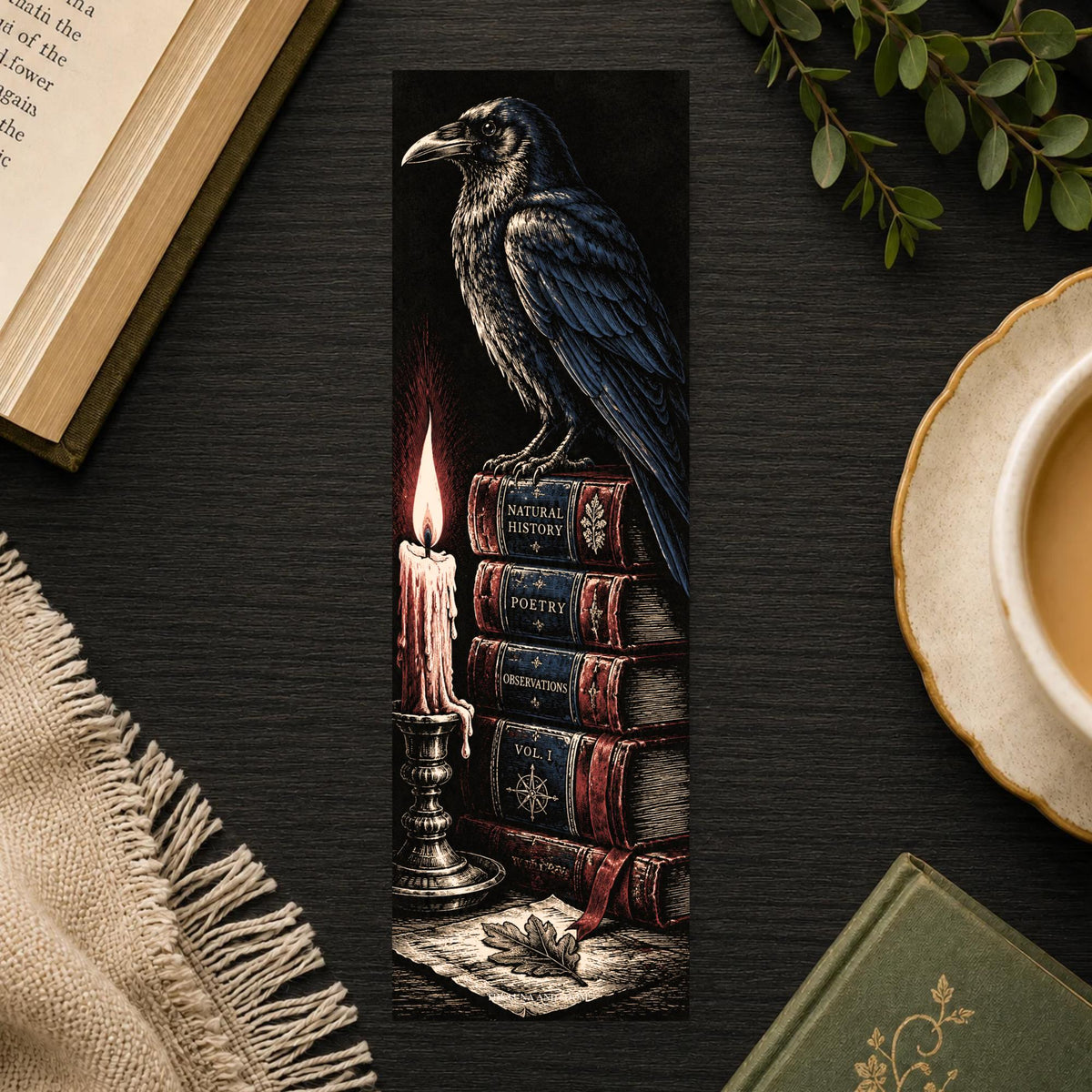 Crow and Books Bookmark | Dark Academia Gift | Candlelit Library Page Marker | Gothic Book Lover Gift