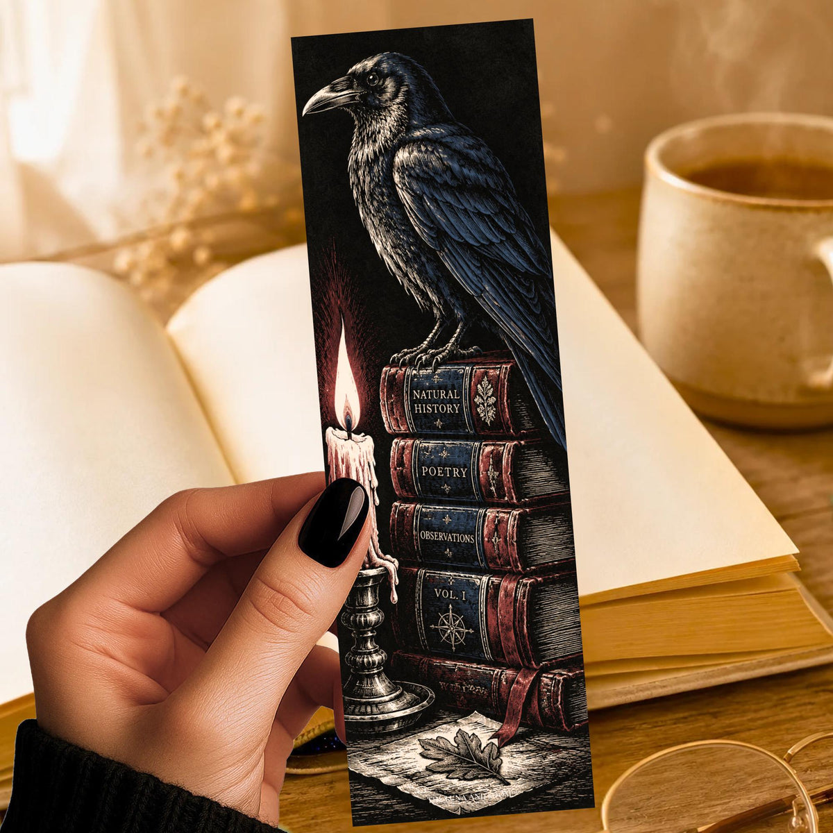 Crow and Books Bookmark | Dark Academia Gift | Candlelit Library Page Marker | Gothic Book Lover Gift