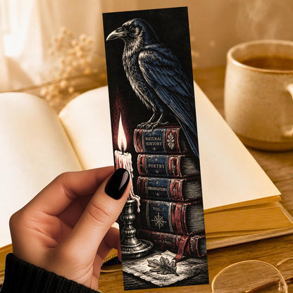 Crow and Books Bookmark | Dark Academia Gift | Candlelit Library Page Marker | Gothic Book Lover Gift