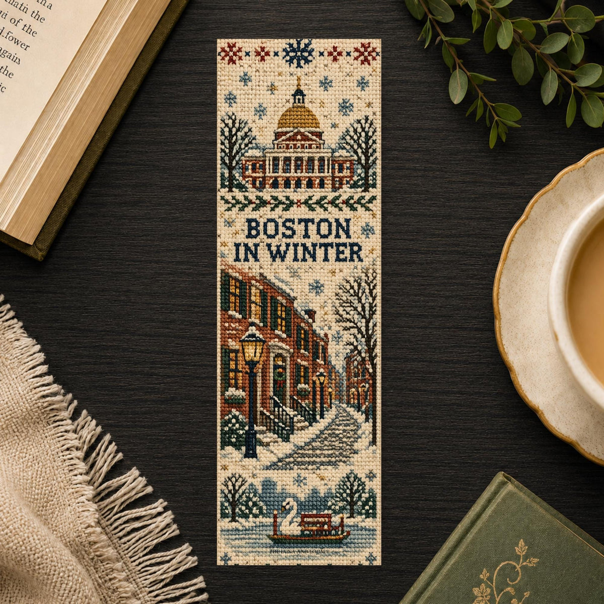 Boston Christmas Bookmark | Cross Stitch Print Gift | Snowy City Page Marker | New England Book Lover Gift | Winter