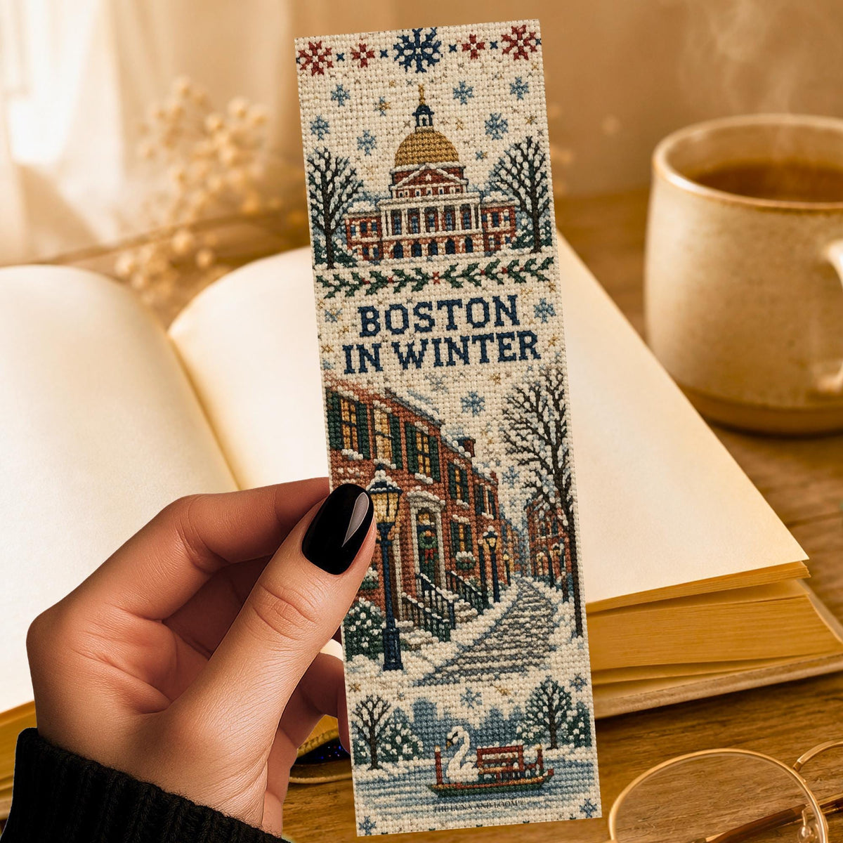 Boston Christmas Bookmark | Cross Stitch Print Gift | Snowy City Page Marker | New England Book Lover Gift | Winter