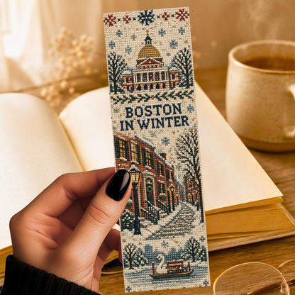 Boston Christmas Bookmark | Cross Stitch Print Gift | Snowy City Page Marker | New England Book Lover Gift | Winter